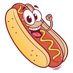 A cheerful cartoon hot dog character with a big smile and wide eyes wearing a bun and drizzled with mustard raising a fist in excitement