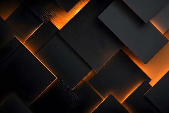 Black background with orange glowing geometric shapes, dark and modern technology style, with black squares arranged in an octagonal pattern - Powered by Adobe