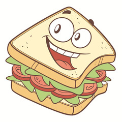 A cheerful cartoon sandwich with a big smile and wide eyes filled with lettuce and tomato slices isolated on a white background