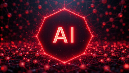 Artificial Intelligence Digital Illustration with Glowing Red Hexagonal Network