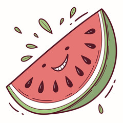 A cheerful smiling slice of watermelon with dark seeds and green rind surrounded by playful splashes and leaves representing summer refreshment and joy