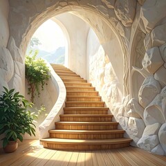 Sunlight streams through an arched opening, illuminating a sweeping wooden staircase in a light, airy interior