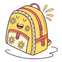 A cheerful yellow cartoon backpack with a smiling face and floral decorations ready for school adventures and learning fun
