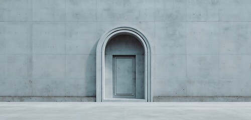 cool concrete door with arched frame, decorative moulding, wide frame with clean symmetry.