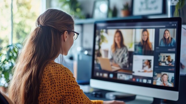 Woman engaged in a video conference with multiple participants.