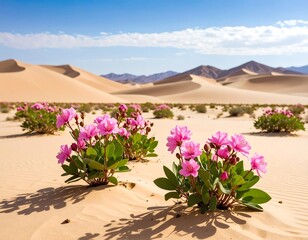 Pink flowers bloom in a desert landscape (1)