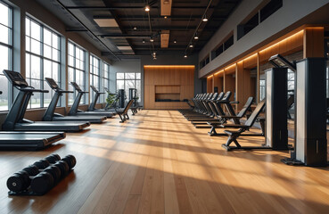 Modern, spacious gym interior featuring polished wood floors, row of treadmills by large windows. Additional weight machines line opposite wall, illuminated by warm ambient lighting. Clean, empty