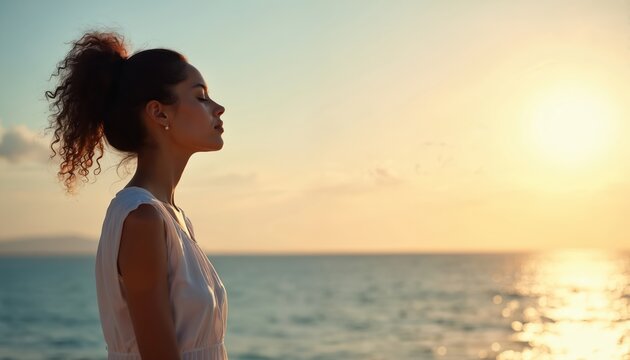 Woman practices mindfulness, taking deep breath near ocean at sunset. Peaceful scene promotes stress relief and calm. Focuses on deep breathing exercises for wellness management and hypertension care.
