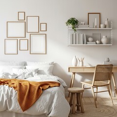 Cozy bedroom with a bed, a gallery wall of empty picture frames, a wooden desk with a chair, and a bookshelf filled with books and decor