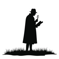 Black silhouette of detective with magnifying glass and book in grass
