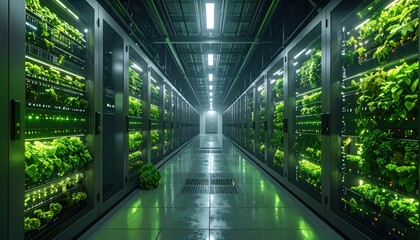 Fototapeta premium A server room is filled with vertical hydroponic gardens, illuminated by bright lights.
