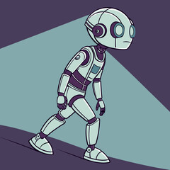 A stylized cartoon robot with a light blue and purple color scheme walks forward on a dark purple surface against a muted teal background with a spotlight effect