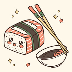 Adorable kawaii salmon nigiri sushi character with chopsticks and soy sauce dish surrounded by cute sparkles and flowers