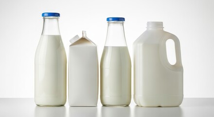 A variety of fresh milk containers including glass bottles, a carton, and a plastic jug lined up on a white surface