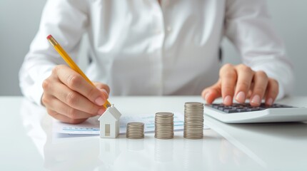 A photorealistic image capturing a person's hands engaged in financial planning related to real estate.