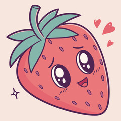 Adorable kawaii strawberry character with big eyes and a happy smiling face surrounded by hearts and sparkles on a soft pink background