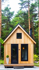 Small, light-wood cabin in a lush forest