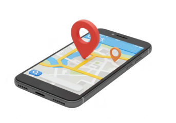 A smartphone displays a map with a red location pin, isolated on transparent background