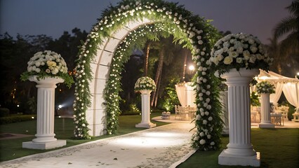 Fototapeta premium Outdoor Wedding Arch in Scenic Destination with Floral Decor