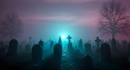 A hauntingly beautiful graveyard at night, illuminated by a vibrant blue and purple light, with tombstones and bare trees shrouded in mist, evoking a sense of mystery and the supernatural