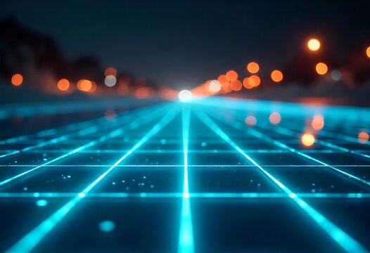 Glowing futuristic grid with blue and green light streaks receding into darkness. Dynamic lines, bokeh lights, and cyber-inspired elements create a high-tech sci-fi digital abstract background. - Powered by Adobe