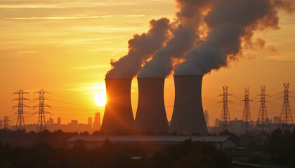Power plant cooling towers and pylons at sunset