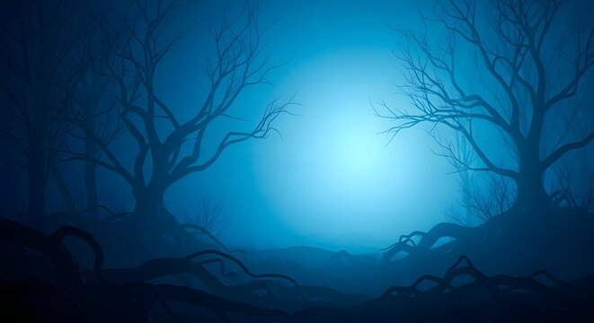 Eerie, dark forest at night with glowing blue mist and silhouetted gnarled trees, creating a mysterious and spooky atmosphere for halloween or horror themes
