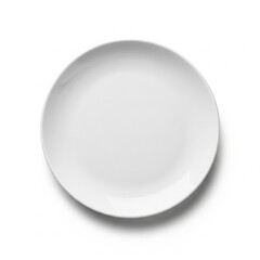 Empty white ceramic plate isolated on white background, clean commercial stock photo.