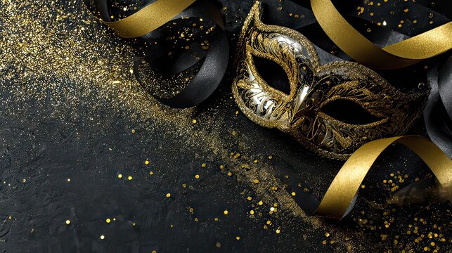 Elegant Gold and Black Mask Surrounded by Glitter and Ribbons for Festive Celebrations and Events