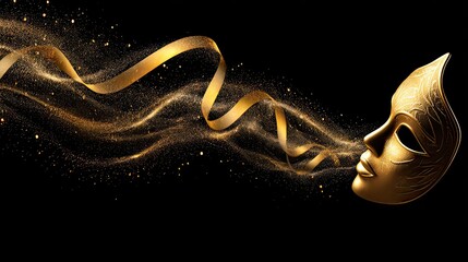 Elegant golden mask with flowing ribbons and sparkling particles against a dark background for festive or artistic themes