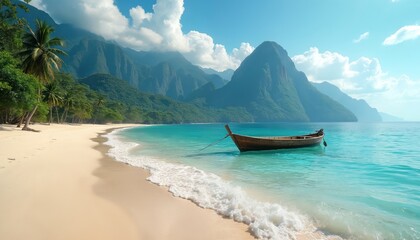 Wooden boat floats on crystal clear turquoise ocean water near tranquil sandy beach. Green mountains rise majestically in background under bright blue sky with scattered clouds. Peaceful tropical