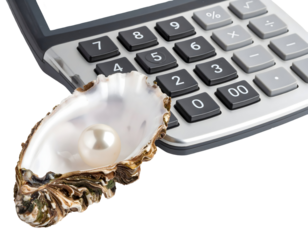 Lustrous Pearl in Oyster Shell Beside Silver Calculator on Transparent Background
