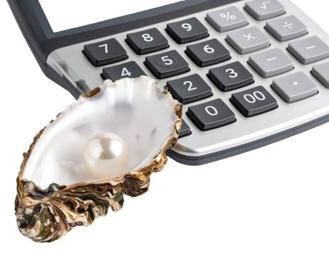 Lustrous Pearl in Oyster Shell Beside Silver Calculator on Transparent Background