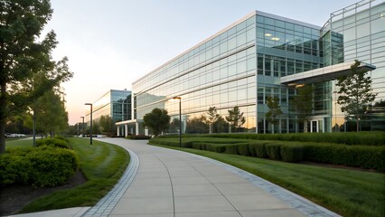 Fototapeta premium Modern Office Building with Glass Facade and Landscaped Walkway in Business District