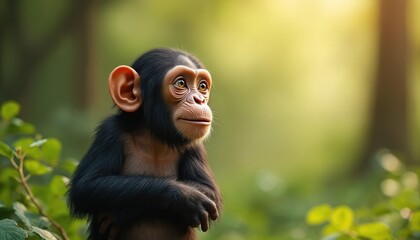 Young chimpanzee stands alert in rich green forest surroundings. Curious primate with detailed fur, expressive eyes gazes into distance. Soft sunlight filters through trees. Animal conservation,