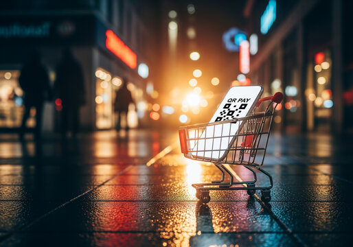 Urban QR Pay: Digital Shopping in Motion, Mini cart with QR PAY phone in city night—symbolizing digital retail, fintech, and urban lifestyle. - Powered by Adobe