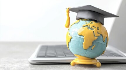 A globe wearing a graduation cap rests on a laptop, representing the merging of education and technology in today's world and the importance of global learning