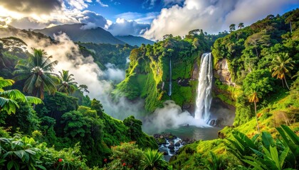 Fototapeta premium Lush green landscape showcasing a majestic waterfall cascading down rocky cliffs amidst a vibrant tropical rainforest.