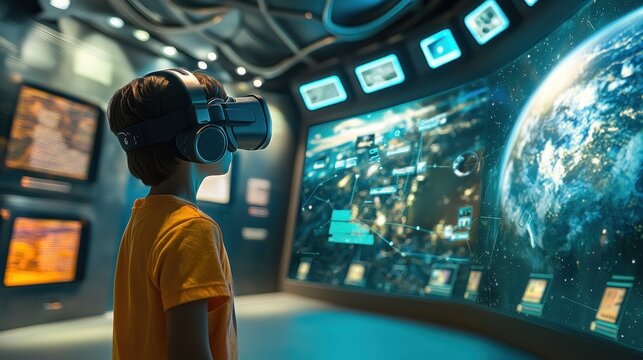 Boy using VR headset, exploring virtual Earth on large screen.