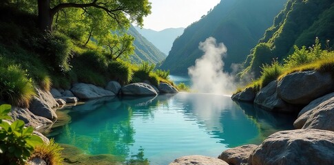 Serene landscape featuring a steaming hot spring nestled amidst lush greenery, surrounded by rocks and natural beauty  Ideal for relaxation and wellness themes ,  mountains,  landscape