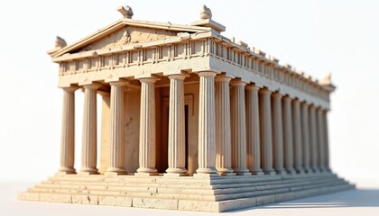 Obraz premium 3D miniature Parthenon model on white background. Ancient Greek temple architecture with Doric columns, marble texture. Classical building symbol of history, culture, mythology and travel.