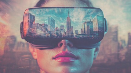 Woman wearing VR headset, viewing virtual city skyline.