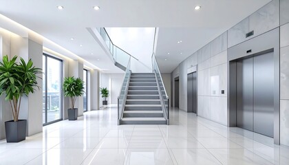 Modern office hallway with stairs and elevator