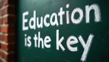 Chalkboard displaying Education key promotes personal, pro growth. Message underscores learning role in success, skill acquisition, unlocking opportunities. Knowledge, wisdom, empowerment for