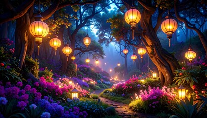 Walking Path with Glowing Lanterns and Blooming Flowers