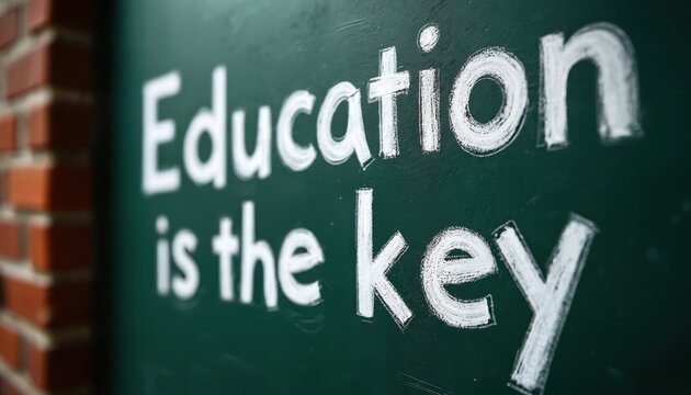 Chalkboard displaying Education key promotes personal, pro growth. Message underscores learning role in success, skill acquisition, unlocking opportunities. Knowledge, wisdom, empowerment for