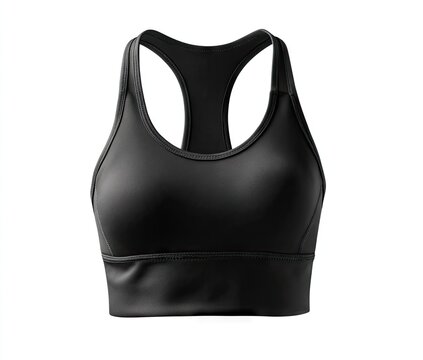 A black, racerback sports bra with a supportive, compressive fit and a low, scooped neckline.  The garment features a wide, flat bottom band