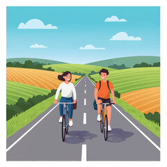Obraz premium Couple cycling on a scenic country road surrounded by fields.