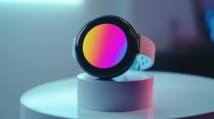 Smartwatch with vibrant gradient display on stand.
