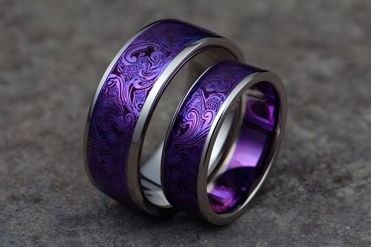 Sleek Embossed Wedding Bands: Luxurious Purple Design, Elegant Commitment Rings, and Modern Bridal Jewelry.